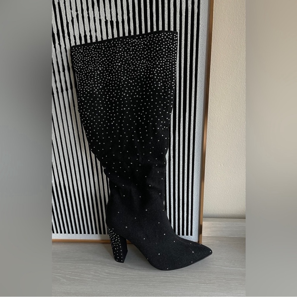 New Classic Women Boots Black Denim Rhinestone Point Toe Stiletto Heels, 39